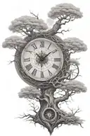 A broken clock in a bodhi tree surrounded by enso circle add large  compass at base of tree   tattoo design idea