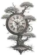 A broken clock in a bodhi tree surrounded by enso circle add large  compass at base of tree   tattoo design idea