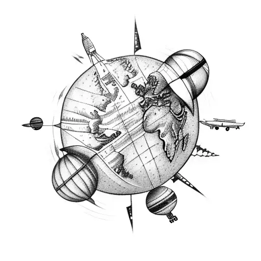 A detailed tattoo of a majestic airplane flying over a globe, symbolizing the client's passion for travel and aviation. tattoo design idea