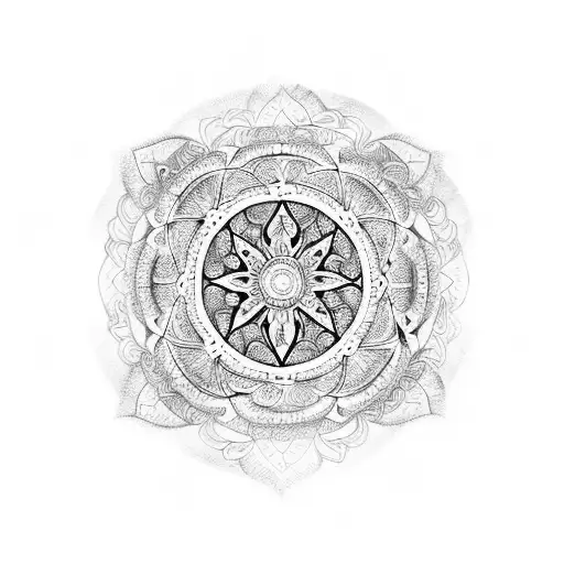 A spiritual mandala with intricate patterns and symbols representing faith and spirituality. tattoo design idea