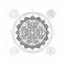 A spiritual mandala with intricate patterns and symbols representing faith and spirituality. tattoo design idea