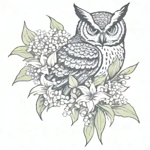 Celestial Horned Owl with Lily of the Valley flowers and Tiger Lilies   and moon and stars  tattoo design idea