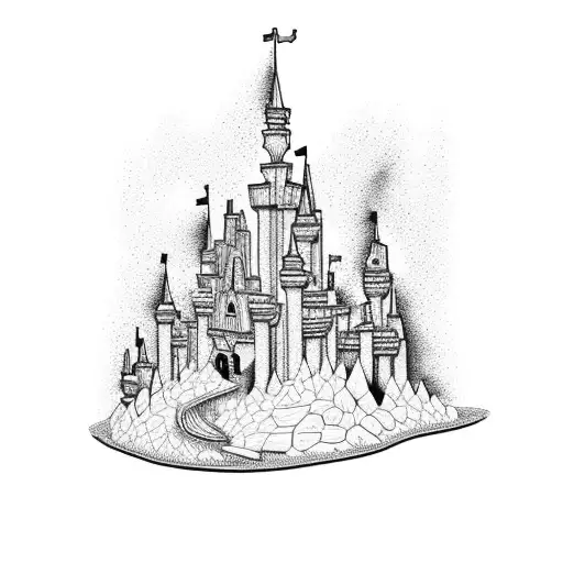 A dotwork illustration of Cinderella's castle with a hiking trail winding up to it tattoo design idea