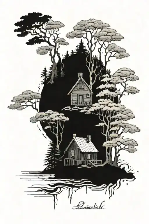 A detailed blackwork tattoo of a serene forest scene with a hidden cabin nestled among the trees, symbolizing your love for nature and the tranquility it brings tattoo design idea