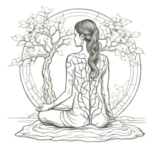 Woman meditating with her back turned, wearing a tree root dress tattoo design idea