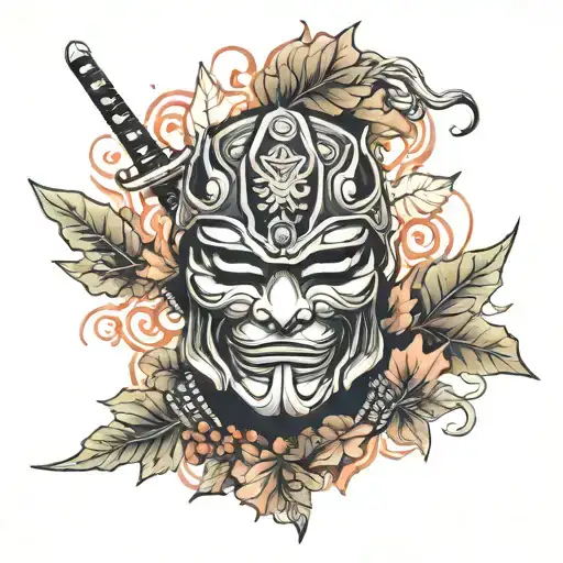 samurai mask with autumn leaves and smoke tattoo design idea