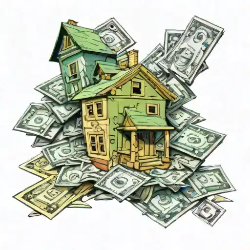 A stack of cash with monopoly houses and hotels scattered around it tattoo design idea