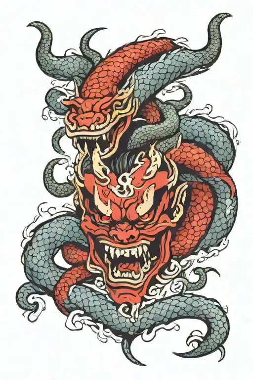 oni is just mask and snake tattoo design idea