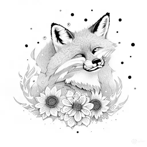 foxy with clouds and flowers tattoo design idea