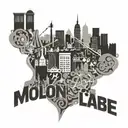 An abstract representation of a busy city skyline with hidden images of work tools and the phrase 'molon labe' tattoo design idea