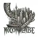 An abstract representation of a busy city skyline with hidden images of work tools and the phrase 'molon labe' tattoo design idea