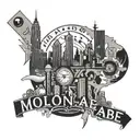 An abstract representation of a busy city skyline with hidden images of work tools and the phrase 'molon labe' tattoo design idea