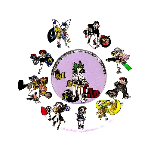 Illustrate a new-school tattoo of Digimon characters surrounded by music notes and instruments tattoo design idea