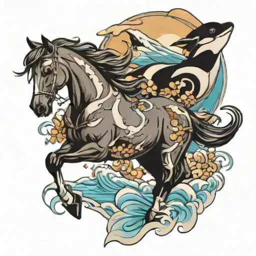 running horses and orcas tattoo design idea