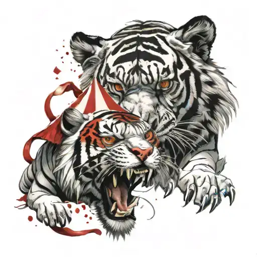 red and white circus tent which looks a bit dirty, an angry snarling tiger is in front of it next to an evil clown tattoo design idea