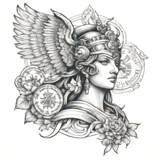 A tattoo featuring Athena, the goddess of wisdom and warfare, surrounded by symbols of change and transformation tattoo design idea