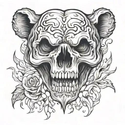 front facing bear skull flames rising tattoo design idea