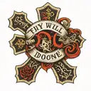 script text of, "Thy Will Be Done" with the "T" in the word, "Thy" as a cross tattoo design idea
