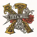 script text of, "Thy Will Be Done" with the "T" in the word, "Thy" as a cross tattoo design idea