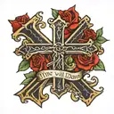 script text of, "Thy Will Be Done" with the "T" in the word, "Thy" as a cross tattoo design idea