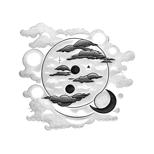 Sun and Moon with stars and clouds tattoo design idea