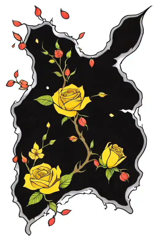 yellow red tip rose with cherry blossom petals falling tattoo design idea