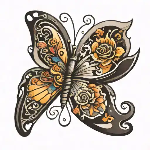 half butterfly with letter M tattoo design idea