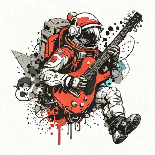 an astronaut playingf guitar on a mountain summit  tattoo design idea