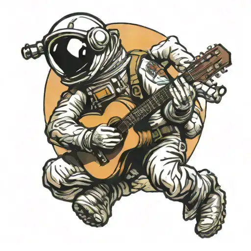 an astronaut playingf guitar on a mountain summit tattoo design idea