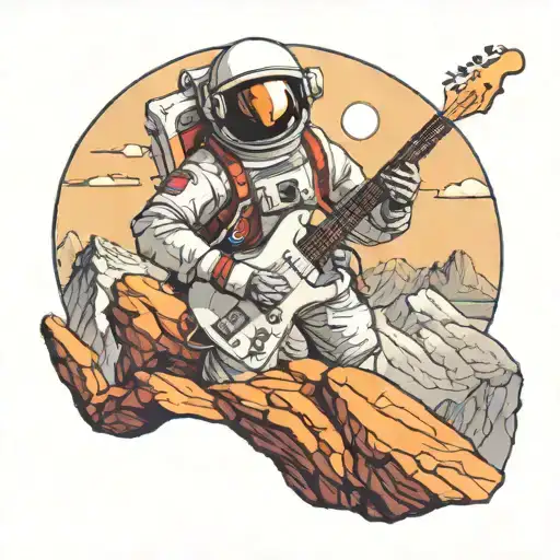 an astronaut playingf guitar on a mountain summit tattoo design idea