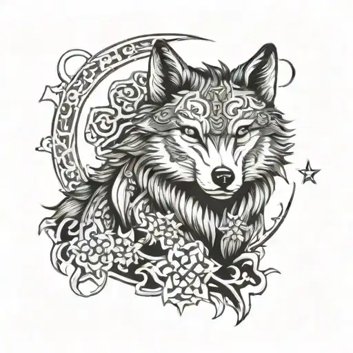Wolf and moon and star tattoo design idea