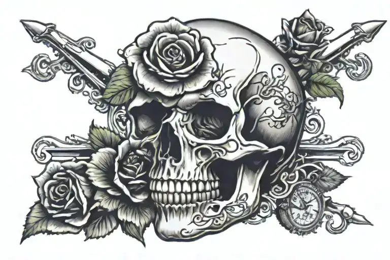 legacy skull rose timepiece momento mori tattoo design idea