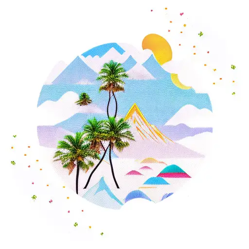 palm trees three little birds waves two mountain peaks tattoo design idea