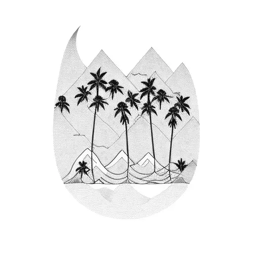 palm trees three little birds waves two mountain peaks tattoo design idea