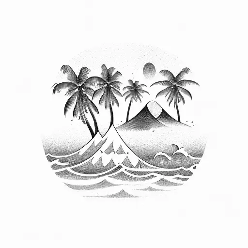 palm trees three little birds waves two mountain peaks tattoo design idea