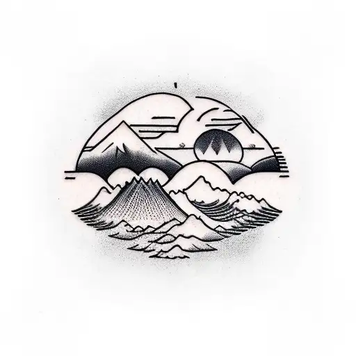 palm trees three little birds waves two mountain peaks tattoo design idea
