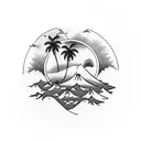 palm trees three little birds waves two mountain peaks tattoo design idea
