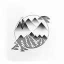 palm trees three little birds waves two mountain peaks tattoo design idea