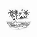 palm trees three little birds waves two mountain peaks tattoo design idea