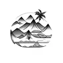 palm trees three little birds waves two mountain peaks tattoo design idea