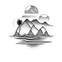 palm trees three little birds waves two mountain peaks tattoo design idea