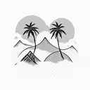 palm trees three little birds waves two mountain peaks tattoo design idea