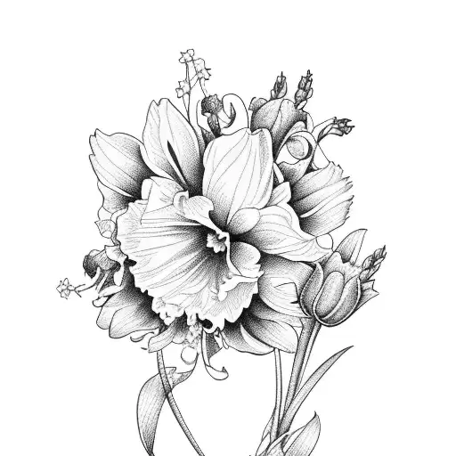 bouquet larkspur,Daffodil, and a carnation flower  tattoo design idea