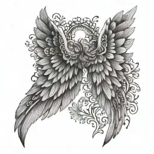 A dotwork tattoo of a pair of angel wings with intricate floral patterns, combining the client's love for guardian angels and biblical art in a unique way tattoo design idea