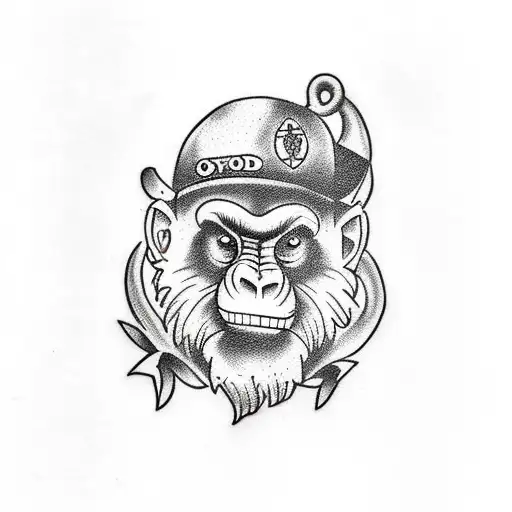 An old school vintage tattoo featuring a monkey tattoo design idea