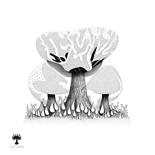 A blackwork tattoo of a psychedelic mushroom forest, with your four cats peeking out from behind the trees tattoo design idea