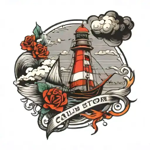 Amidst storm's fury, a beacon guides, ship finds peace. 'Calm in the Storm,' framed traditionally tattoo design idea