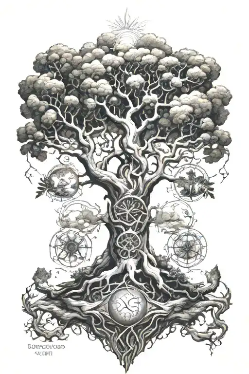 yggdrasil with alchemical symbols tattoo design idea