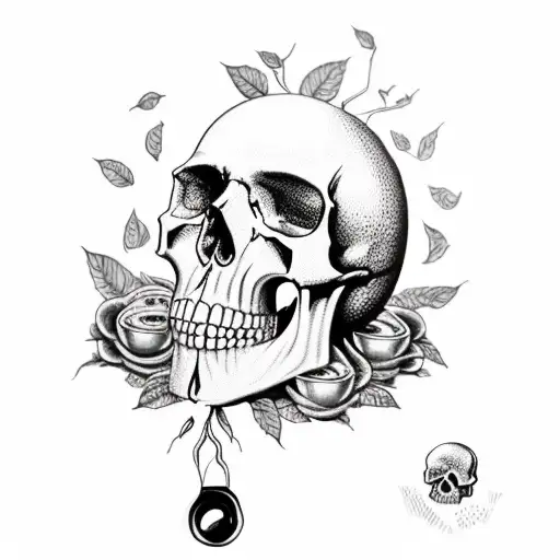  I want an avocado tree with two skulls "hidden" in the trunk. One of the skulls with a cup of coffee in hand tattoo design idea