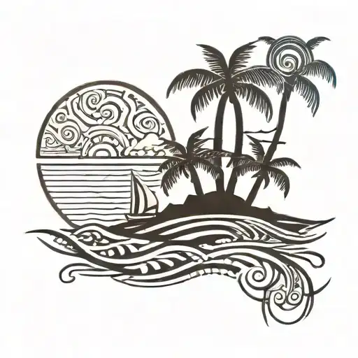 A thick line tribal tattoo with the sea and a small palm tree in the middle tattoo design idea